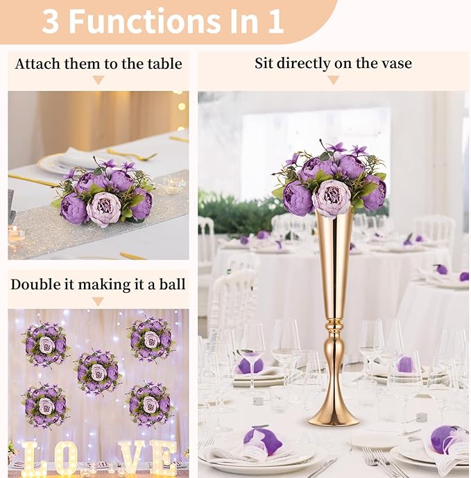 NUPTIO Peony Artificial Flowers for Centerpieces: 2 Pcs 9.4 inch Diam Purple Faux Peony Flowers Fake Flower Balls Arrangement Bouquet Wedding Centerpieces for Tables Wedding Centerpiece Decorations