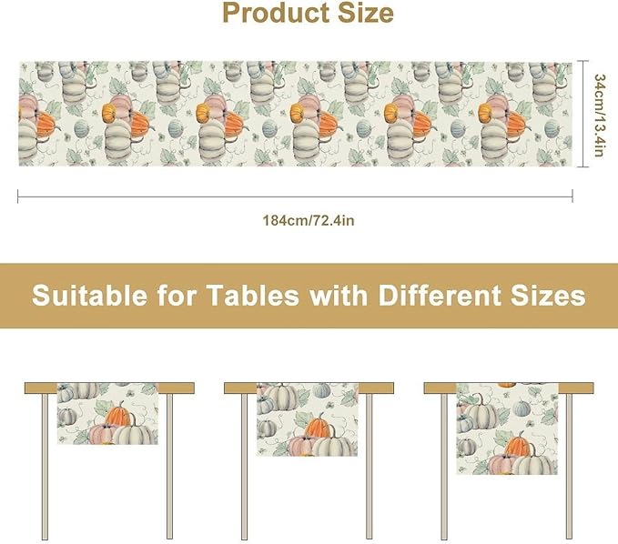 Fall Pumpkin Table Runner Vintage Leaves Plant Motifs Thanksgiving Theme Watercolor Illustration Home Decor for Farmhouse Indoor Outdoor Party Holiday Dining Kitchen Restaurant Cafe W13xL72in