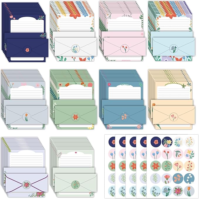 EggSun 250Pcs Cute Stationery Paper and Envelope Set with 100 Letterhead Papers and 50 Envelopes,10 Design for Letter Writing Invitations Computer Holidays Party Notes, 8.5x11 Inch- Lined Flower