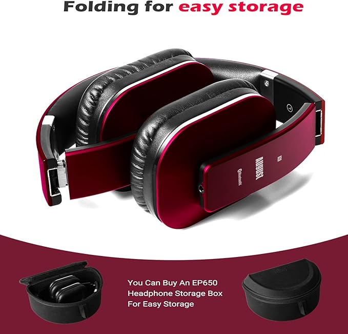 August EP650 Bluetooth Wireless Over-Ear Headphones with aptX Low Latency, NFC, Multipoint Pairing, Wired Option, Built-in Microphone - Red