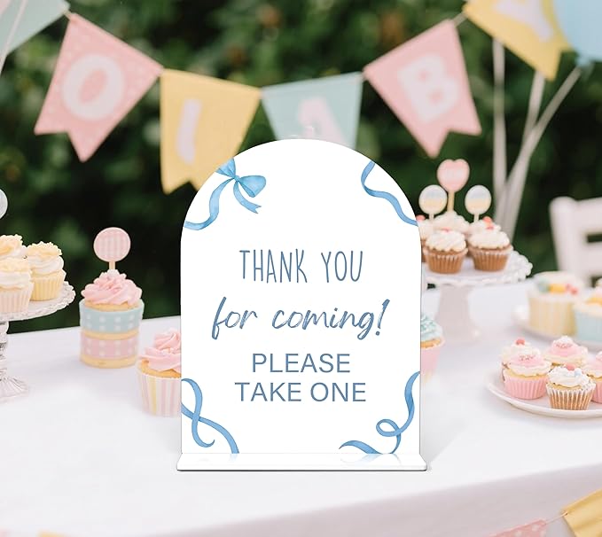 Thank You For Coming Sign - Blue Bow Baby Shower Sign, 1 Pack Arch Acrylic Sign with Stand, Gender Reveal Party Table Decor, Blue Baby Shower Supplies (SP13)