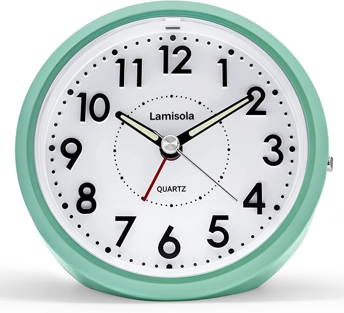 Lamisola 4 Inch Analog Battery Alarm Clock for Seniors, Small Desk Bedside Nightstand Vintage Clock, Alarm Clocks for Bedrooms Bathroom Kithchen Home Office Decor, Large Display for Elderly, Mint