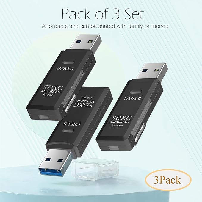 USB SD Card Reader for PC, 3 Packs Micro SD Card to USB Adapter, Card Reader for Camera Memory Card Reader, Wansurs Card Reader for Laptop (3 Pack USB2.0)