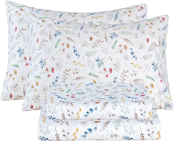 Bedlifes Full Sheet Set Ultra Soft, Breathable, Silky Flower Deep Pocket 100% Microfiber Bedding, 4 Piece Full Size White Floral
