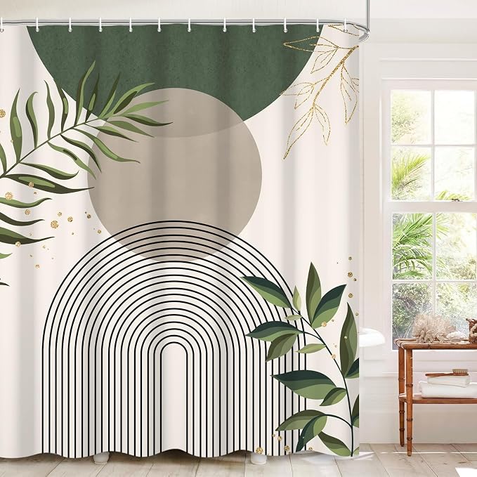Boho Mid Century Shower Curtain, Green Modern Minimalist Abstract Geometric Gold Plant Leaves Sun Arch Bathroom Curtains Waterproof Fabric Buthtub Curtain Set with Hooks 48" Wx72 L