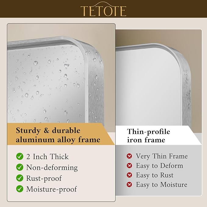 TETOTE 48 x 36 Inch Silver Mirrors for Bathroom, Brushed Silver Framed Rectangular Modern Farmhouse Large Vanity Mirror for Wall Decor (Horizontal/Vertical)