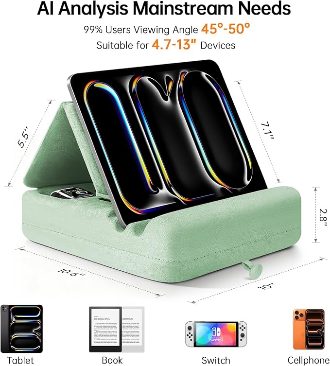 TpeeTeek Tablet Pillow Stand with Storage, Foldable iPad Holder for Lep, Bed, Sofa, and Desk - Soft Pad Dock with Pocket and Stylus Mount Compatible with 4-13" iPad Pro/Air/Mini, Galaxy Tab, Kindle