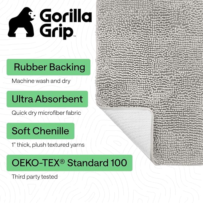 GORILLA GRIP Bath Rug Mat 44x26, Soft Absorbent Chenille, Quick Dry Microfiber Mats, Rubber Backing Washable Shower Floor Rugs, Bathmat Runner, US Designed Bathroom Home Decor Accessories Light Gray