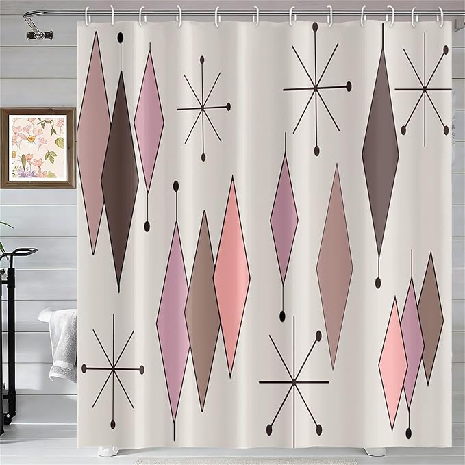 Mid Century Shower Curtain Vintage Abstract Pink Brown Diamond Geometric Atomic Starburst Pattern for 1950s Retro Bathroom Decor Accessories Shower Curtain Set with 12 Hooks, 72x84 Inches