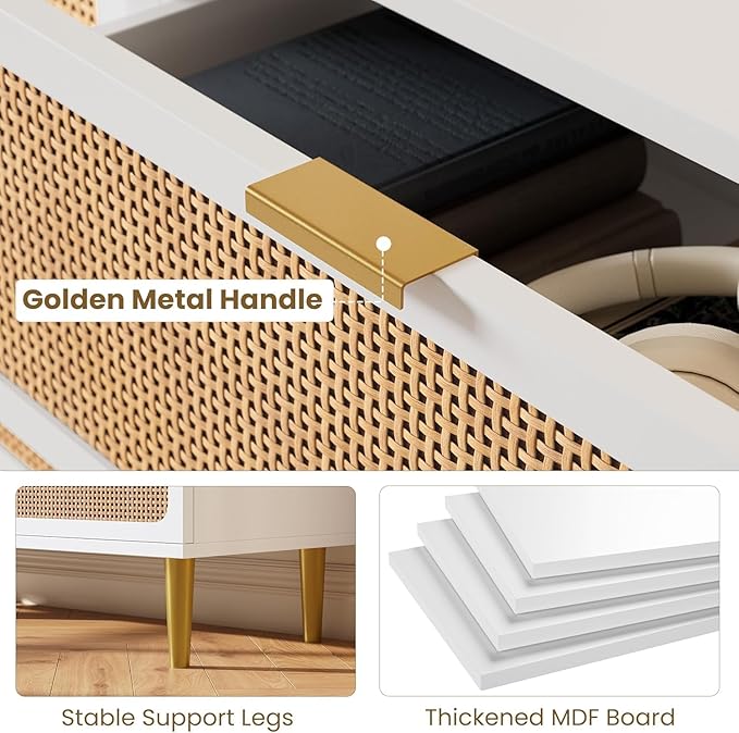 Garvee Rattan Dresser with 5 Drawers, Tall Modern Closet with Deep Storage, Large Chest of Drawers with Wide Top, Long Wooden Dresser for Bedroom, Living Room, Hallway, Kids Room, White