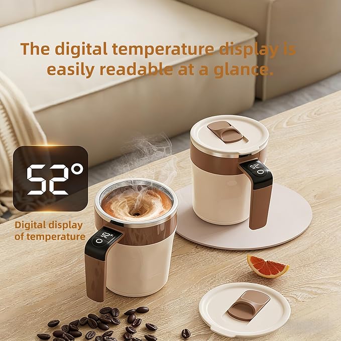 Self Stirring Coffee Mug,Heated Coffee Mug Rechargeable with Temperature Display,Fun Coffee Mug Warmer,Suitable for Beverages Such Coffee,Milk,Cocoa (Brown)