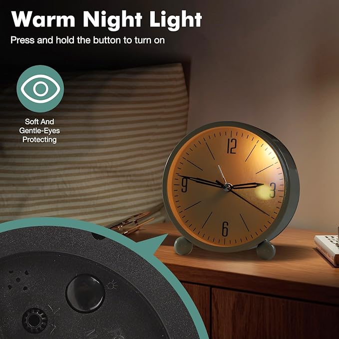 Blusaryme Analog Alarm Clock - 4 Inch Super Silent Non-Ticking, Battery Operated Small Clock with Night Light, Elegant Bedside Desk Clock for Bedroom, Living Room, Office, Student Gift