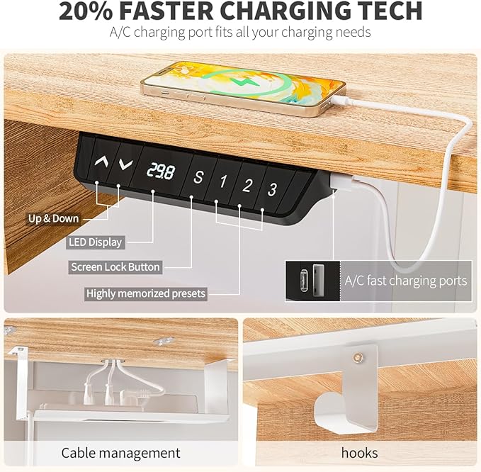 Kingant Standing Desk with Fast Charging USB Ports, 48" x 30" Height Adjustable Home Office & Gaming Desk, Sit Stand Desk with Built-in Storage Shelf, Hook & Ergonomic Design(Maple)