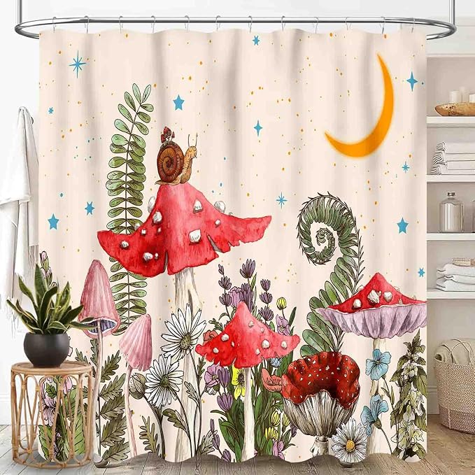 Mushroom Shower Curtain, Wild Floral Botanical Moon Star Daisy Cottagecore Nature Botanical Plants Herbs Farmhouse Waterproof Fabric Bathroom Shower Curtain Set with Hooks, 72"x78" Inch