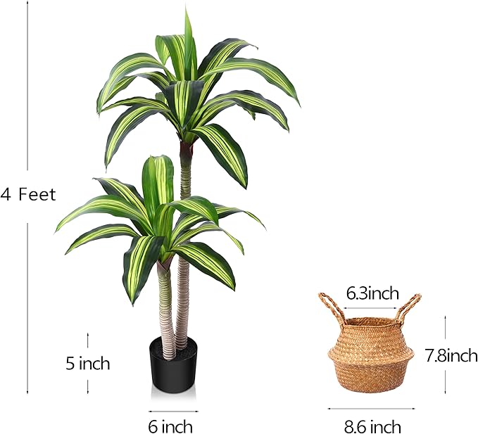 Ferrgoal Artificial Plants, 4 Ft Dracaena Tree Faux Plants Indoor Outdoor Decor Fake Tree with Woven Seagrass Basket Plants for Home Decor Office Living Room Porch Patio Housewarming