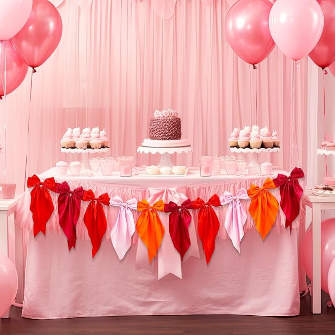 VitalCozy Red Bow Garland Banner, Satin Ribbon Bow Party Hanging Garland Decoration for Birthday Christmas Holiday Party Supplies