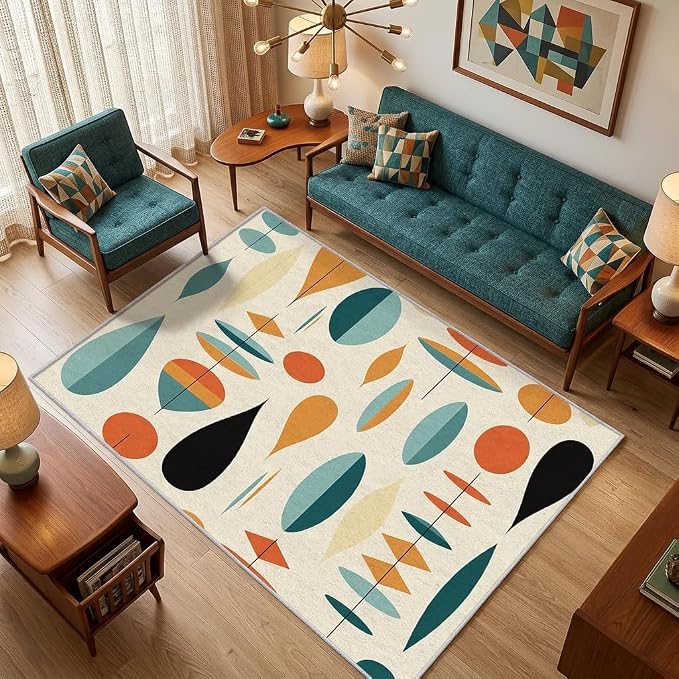 Mid Century Modern Rug 4x6, Washable Geometric Rugs for Living Room Bedroom, Retro Area Rug for Home Decor, Non Slip Backing Floor Carpet with Gripper - 4 x 6 ft