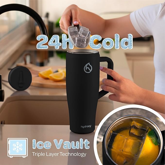 Hydracy 40 oz Tumbler with Handle and Straw, Stainless Steel Insulated Travel Cup with No Spill Rotatable Flip Lid for Left or Right Hand Use, Rubber Base, Fits in Cup Holder - Sexy Black
