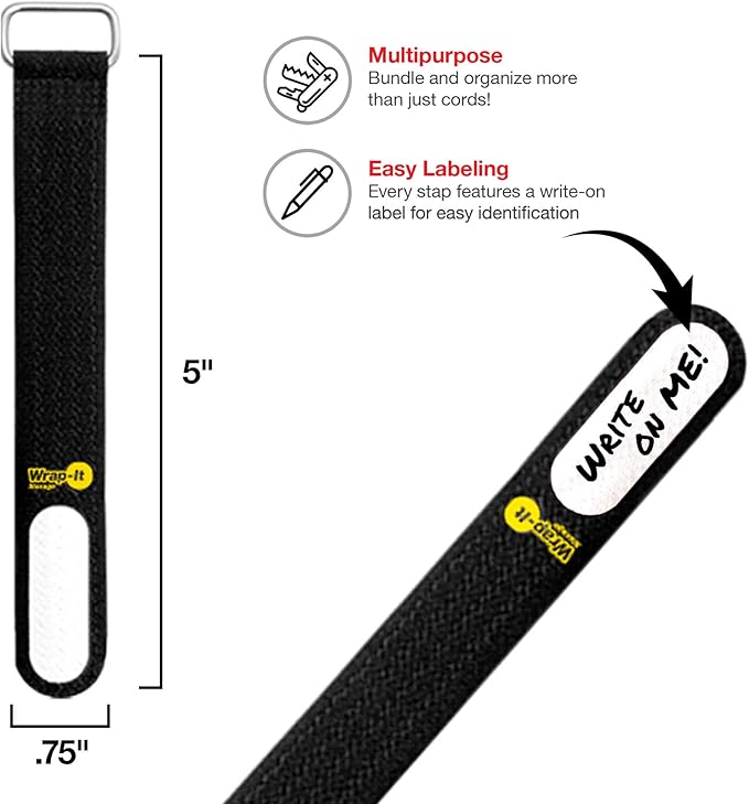 Wrap-It Storage Cinch-Straps, 5-in (20-Pack) Black - Hook and Loop Strap with Write on Label for Easy Cord Identification and Cable Management