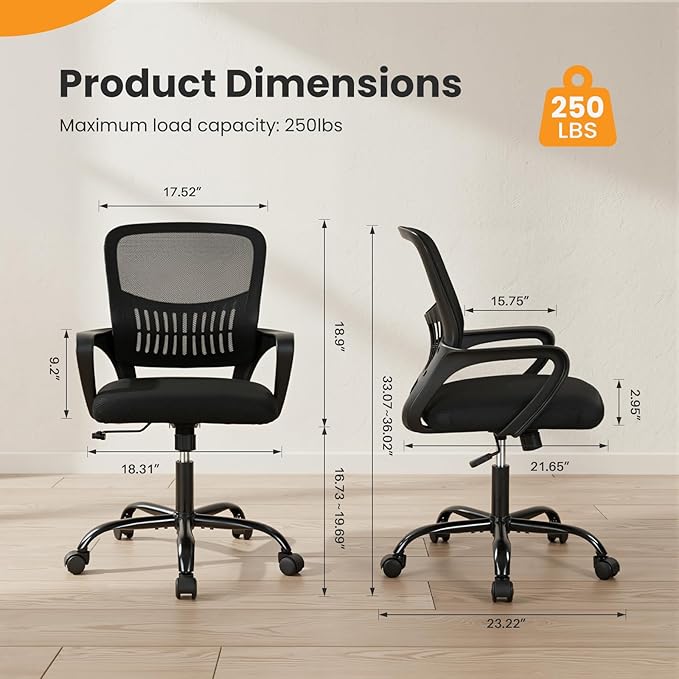 Sweetcrispy Home Office Managerial Executive Chair, Ergonomic Mesh Adjustable Swivel Mid-Back Computer Desk Chair with Comfortable Lumbar Support, Comfy Arms for Bedroom,Study
