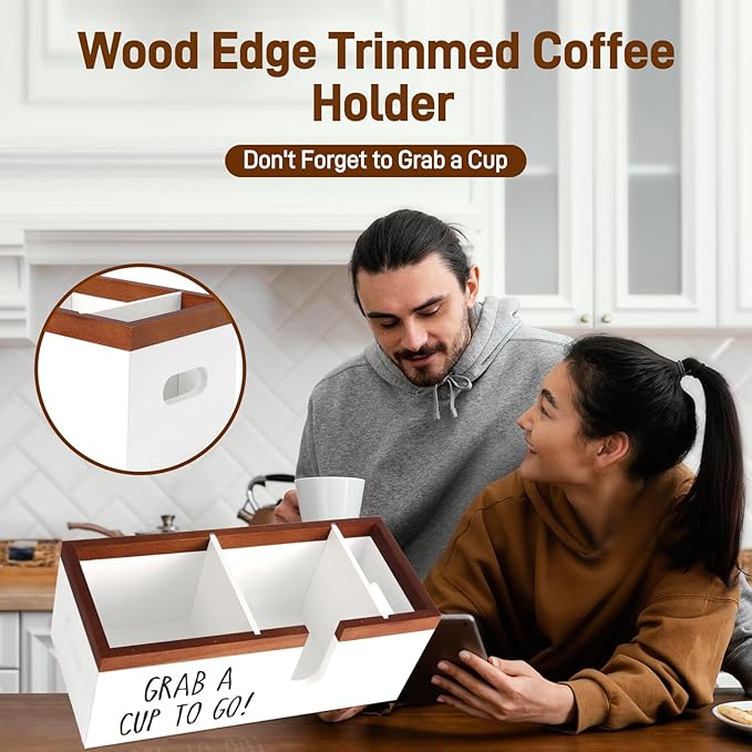 Intarsio 100% Wooden Coffee Cups Holder with U-Shape Cutout Design for Countertop-Coffee Bar Organizer for Cups, Lids, Pods, Stirrers, and Accessories, Great Gift for Home or Office (White)