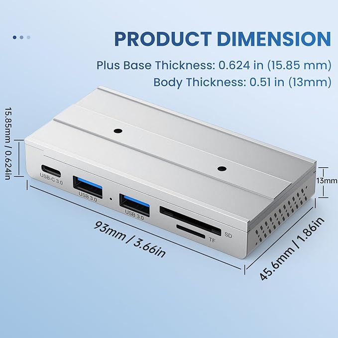 EJAY 5-in-1 Magnetic USB 3.0 Hub with SD/TF Card Reader, 2 USB-A + 1 USB-C Ports, Includes Sliding Rail, Screws & Sticky Pads for MacBook Laptop PC Silver