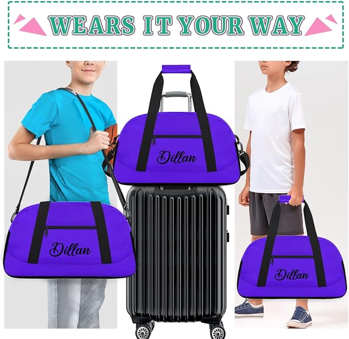 Custom Name Gym Duffel for Kids,Personalized Sports Bag Lightweight Gym Bags for Boys & Girls,Fitness Travel Weekender for Travel, and Workout Violet