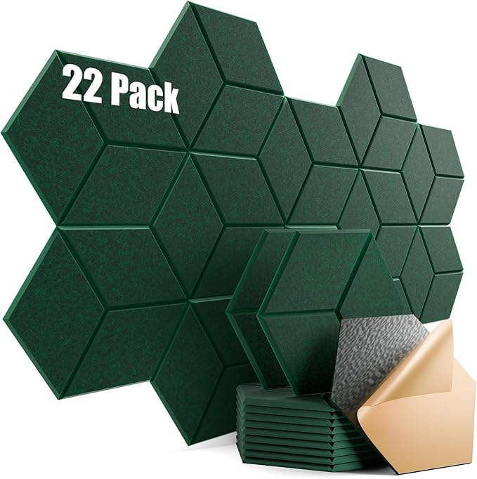 22 Pack Self-Adhesive Acoustic Panels 12" X 10" X 0.4" - Sound Proof Foam Panels with High Density, Y-Lined Design, Flame Resistant, Absorb Noise and Eliminate Echoes(Ink Green)