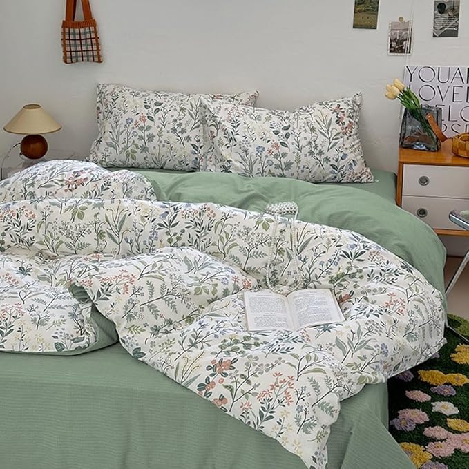 EAVD Vintage Style Garden Botanical Duvet Cover King Soft Cotton Chic Shabby Colorful Leaves Floral Bedding Set with 2 Pillowcases Fresh Floral Duvet Cover with Zipper Closure