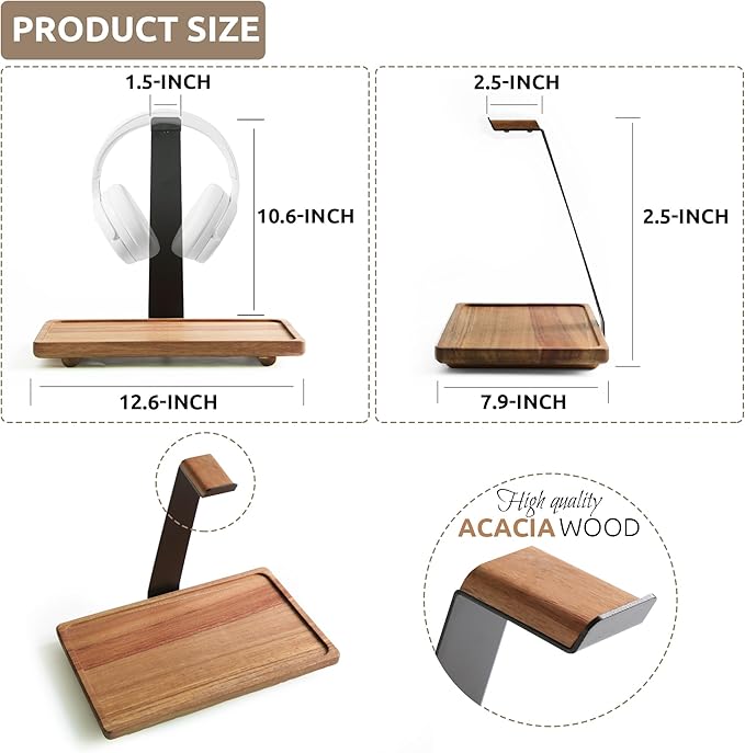 WILDMOS Headphone Stand for Desk,Acacia Wood Tray with Headphone Holder,Gaming Headset Stand,Desk Accessories for Desktop Storage
