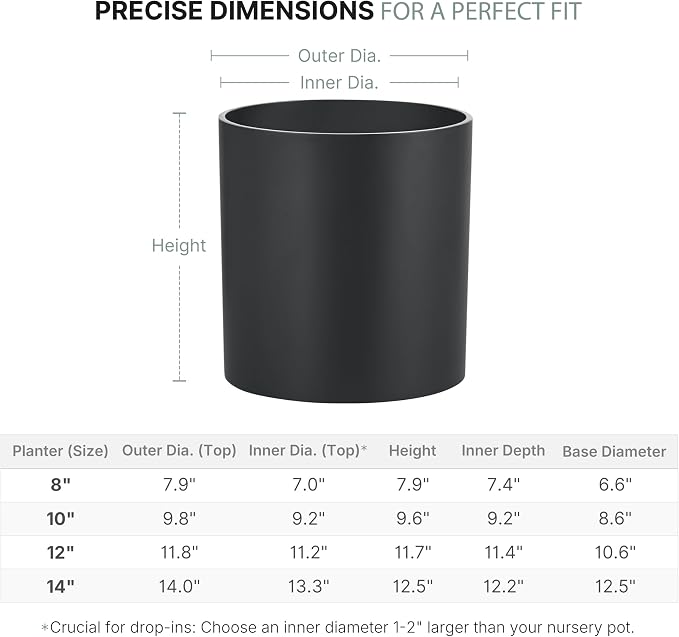 FaithLand 14 Inch Fiberstone Planter - Lightweight Modern Cylinder Plant Pot with Drainage Hole & Plug, Indoor Outdoor Use, Matte Black