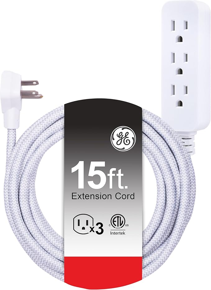 GE 3-Outlet Power Strip Surge Protector 15 Ft Braided Extension Cord with Multiple Outlets Grounded Flat Plug UL Listed White 40530
