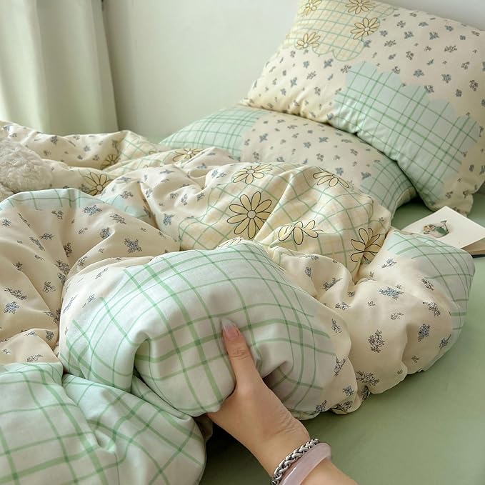LifeTB 100% Cotton Muslin Duvet Cover Twin XL Aesthetic Floral Comforter Cover with Botanical Flower Cute Plaid Design Cottagecore Bedding Set Ultra Soft Breathable Gauze Duvet Cover for Kids Girls