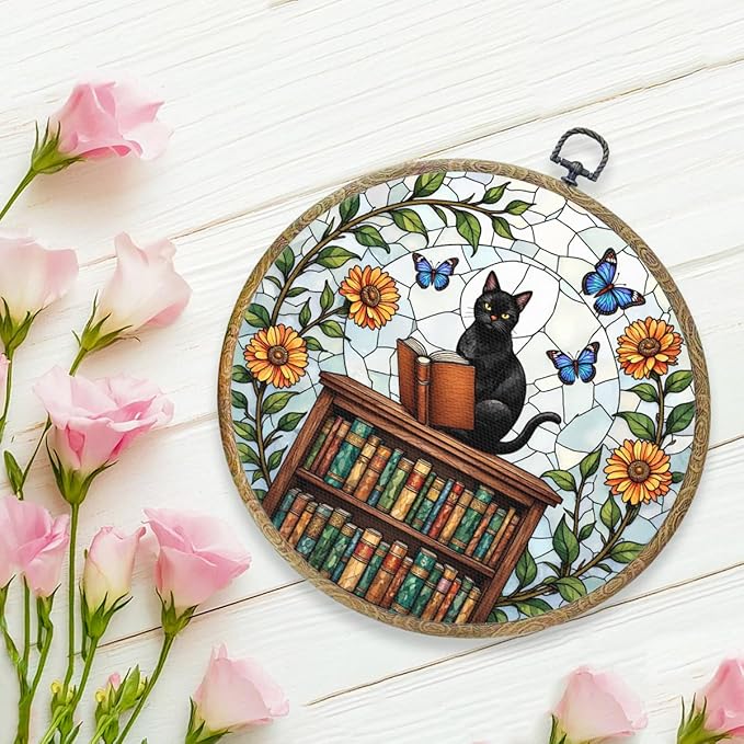 Cute Cat Decor Cat Stuff Accessories Book Lovers Gifts Reading Gifts Framed Round Wall Decor Canvas Wall Art Hanging Prints Artwork for Home Nursery Bedroom Living Room Decorations 10.2X10.2 Inch