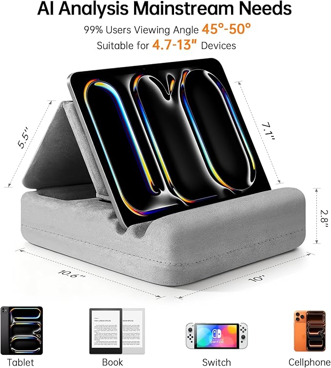 TpeeTeek Tablet Pillow Stand with Storage, Foldable iPad Holder for Lep, Bed, Sofa, and Desk - Soft Pad Dock with Pocket and Stylus Mount Compatible with 4-13" iPad Pro/Air/Mini, Galaxy Tab, Kindle