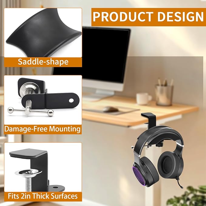 Singzhu Heavy-Duty Metal Headphone Stand Hanger for Large Gaming Headsets - Saddle-Shaped Holder & Desk Clamp (Fits 2in Thick Surfaces) - Durable Steel, Space-Saving Design