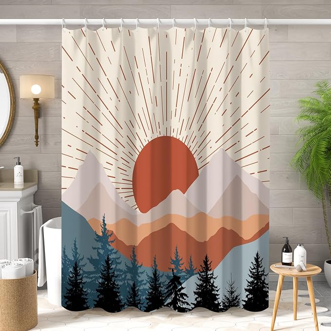 Abstract Mid Century Shower Curtain Boho Sunset Geometric Mountain Forest Aesthetic Shower Curtain Bohemian Minimalist Bathroom Decor Curtains Waterproof Fabric with Hooks 72x78 inch