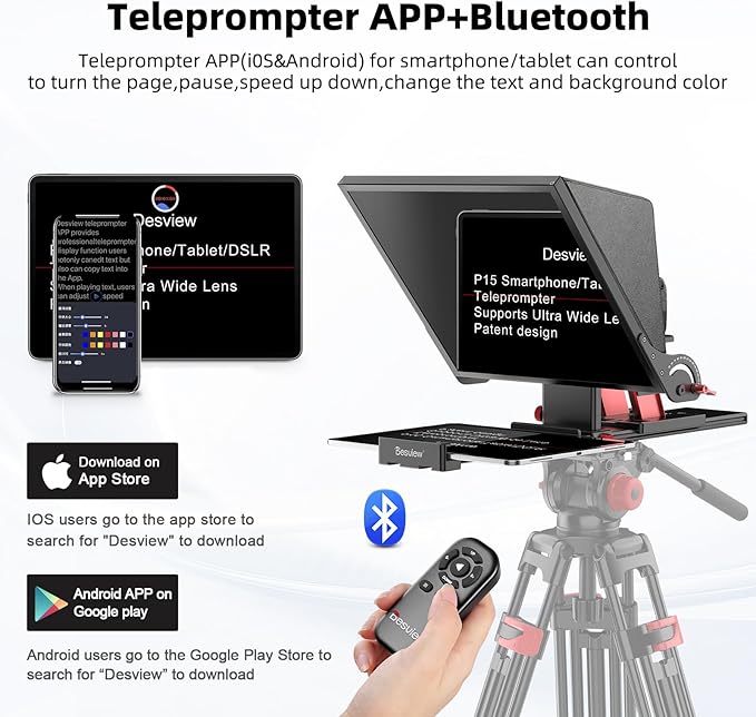 Desview P15 Teleprompter，15 inch Aluminum Alloy Liftable Teleprompter, High Display Glass, Compatible with iPad Tablet Phone DSLR Camera, No Assembly, Carry Case Included, Great for Video Making