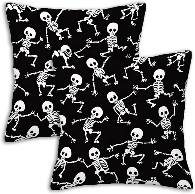 Skeleton Throw Pillow Cover 18x18 Set of 2, Halloween Skull Cushion Case for Couch, Sofa, Bed and Living Room, Zipper Closure Pillow Cases, Home Decor for All Seasons