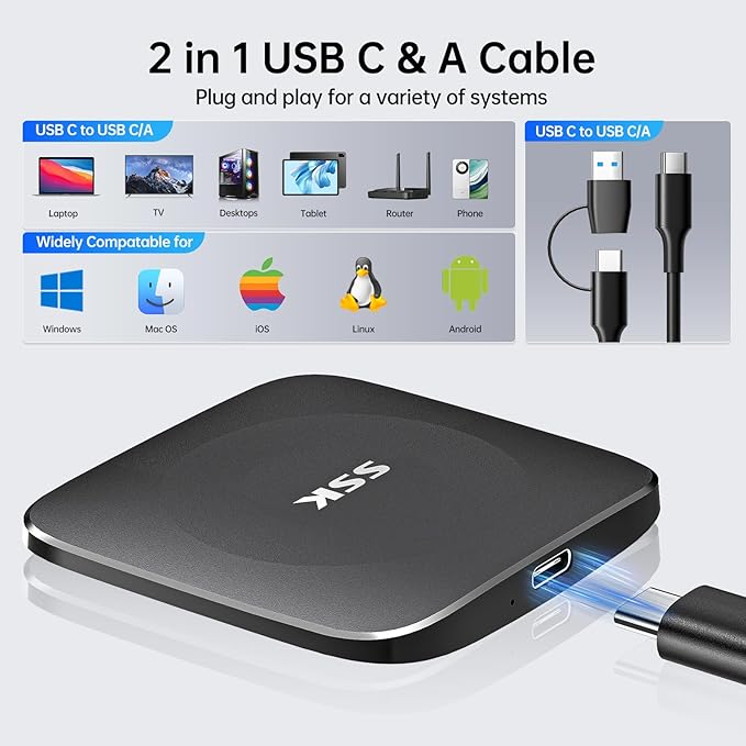 SSK External Drive 128GB,Portable-SSD-Drive up to 550MB/s,SSD External Hard-Drive Type C+USB A Fast Portable Solid State Drives USB-3.2 GEN2 USB Storage for iPhone 15/Android/Windows/Tablet/Mac