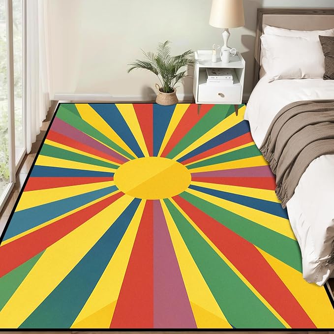 Rainbow Sunburst Area Rug Colorful Geometric Sun Carpet Soft Non-Slip Washable Floor Mat for Entryway Bedroom Living Room Nursery Playroom Classroom Home Decor,2'x3'