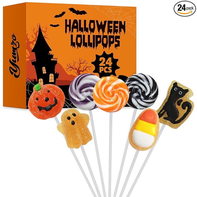 Halloween Lollipop Suckers, 24 Pieces of Bulk Suckers Individually Wrapped, Colorful Candy Lollipops for Trick or Treat Bags, Fun Halloween Shaped Candy Party Favors