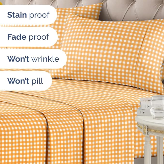 Yellow Gingham Sheets - 1 Flat & 1 Fitted Sheet & 2 Pillowcases w/ Deep Pockets - Grid, Plaid, Checkered Pattern Bed Set - Comfy, Wrinkle & Fade Resistant - Ultra-Soft, Breathable & Cooling -Full Size