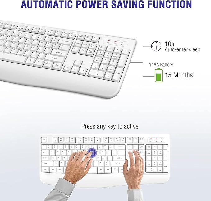 QUASIO Wireless Keyboard, 2.4G Full-Sized Ergonomic Wireless Computer Keyboard with Wrist Rest for Windows, Mac OS Laptop/PC/Desktop/Notebook(Off White)