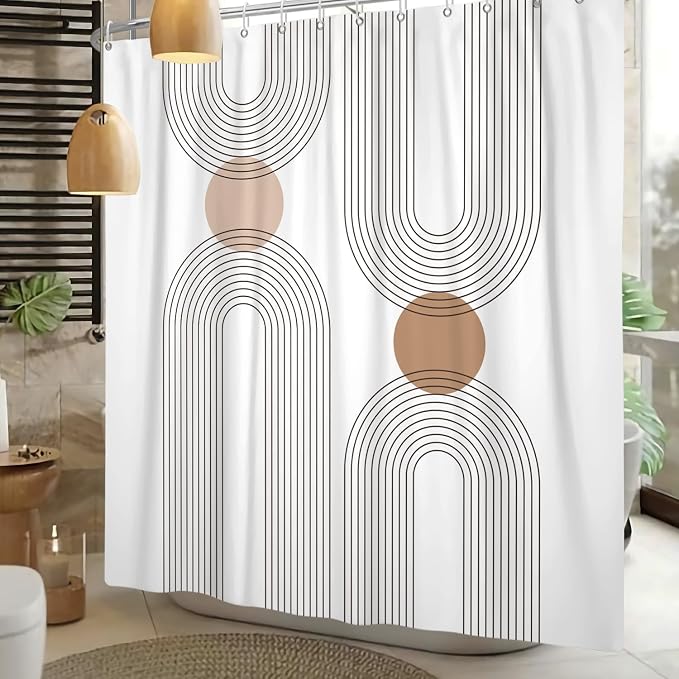 Mid Century Shower Curtain for Bathroom, Boho Sun Rainbow Modern Minimalist Geometric Shower Curtain, Abstract Arch Lines Modern Aesthetic Bathroom Decor Curtain Sets 60x72 inch