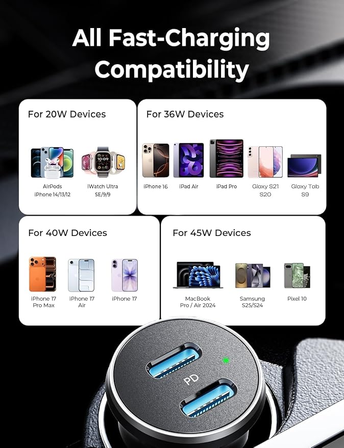 LISEN 90W USB C Car Charger for iPhone 17 Car Charger 45W Fast Charging, 2-Port PD 45W & QC 3.0 Cigarette Lighter USB Charger [All Metal&Mini] for iPhone 17 Air/16/15/14/13 Pro,Samsung Galaxy S26/S25