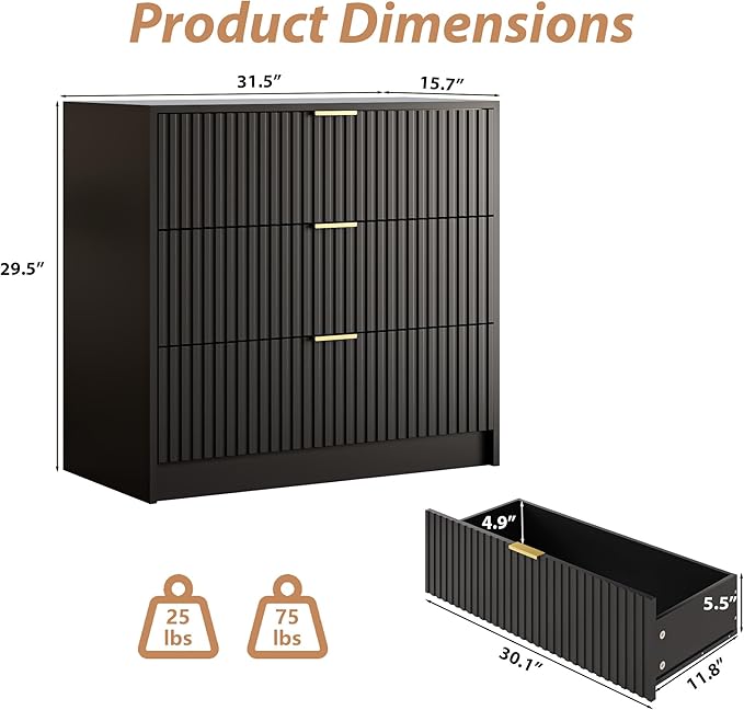 3-Piece Dresser Bedroom Set, 5 Drawer Dresser & 3 Drawer Nightstands with Gold Handles, Fluted Wood Chest of Drawers for Bedroom, Living Room, Entryway, Black