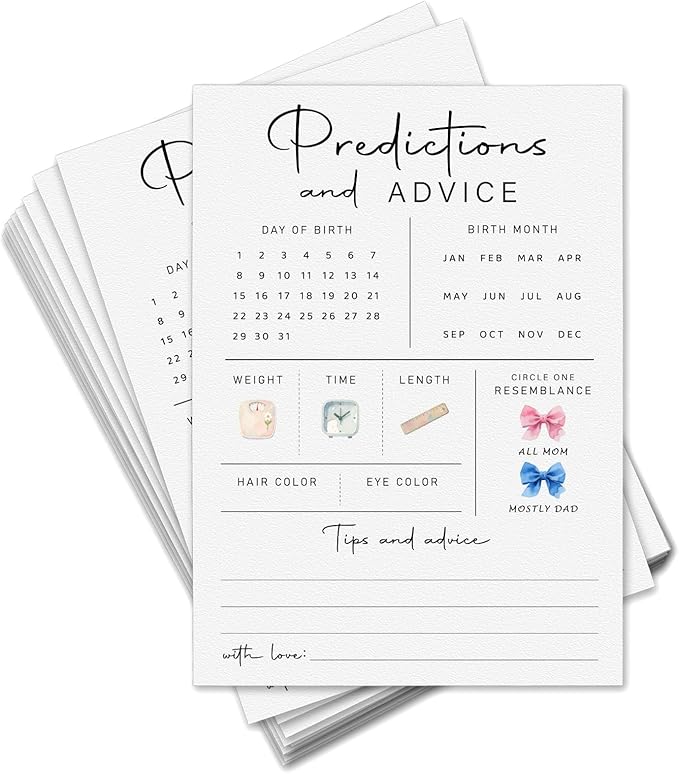 Baby Predictions & Advice Cards - Baby Shower Game, 30 pcs, 6.7 x 4.7 in - for New Parents, for Mommy & Daddy, Gender Reveal Boy or Girl, Modern Design Thick Cards