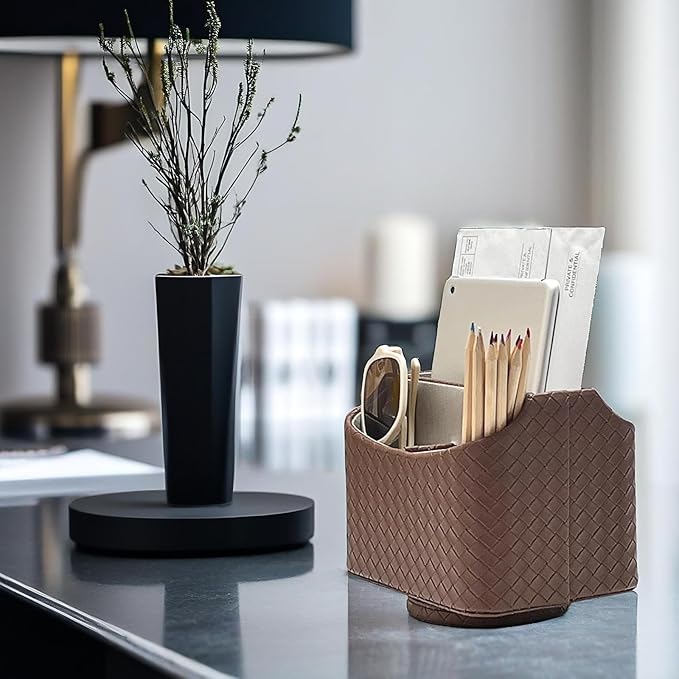 UnionBasic Rotating Desk Organizer, 360 Degree Desk Spinning Caddy, Desktop TV Guide/Mail/Media/Remote Controller Holder Organizer, Woven Coffee