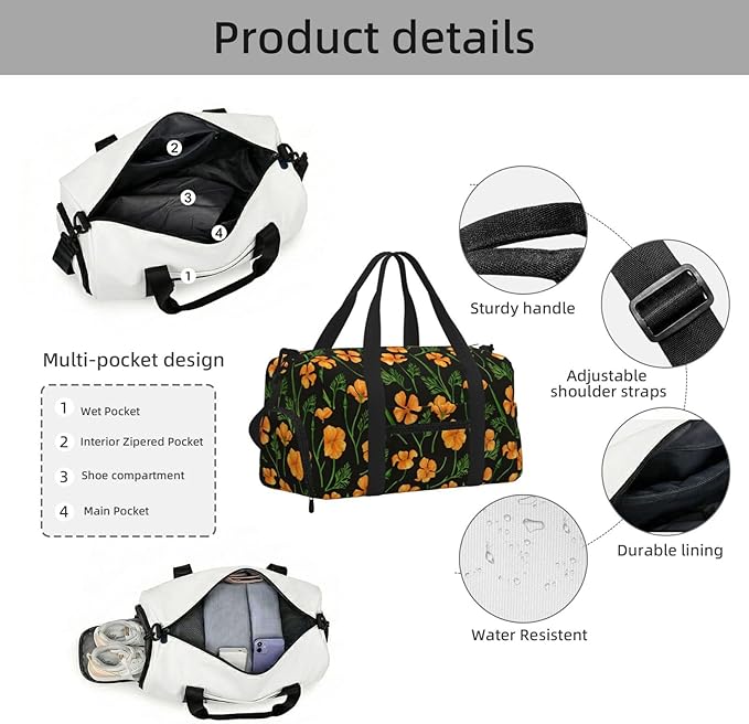 California Poppies, Summertime Flowers Women'S Gym Duffle Bag With Shoes Compartment, Ideal For Travel, Gym, Sports, Duffel, Weekender